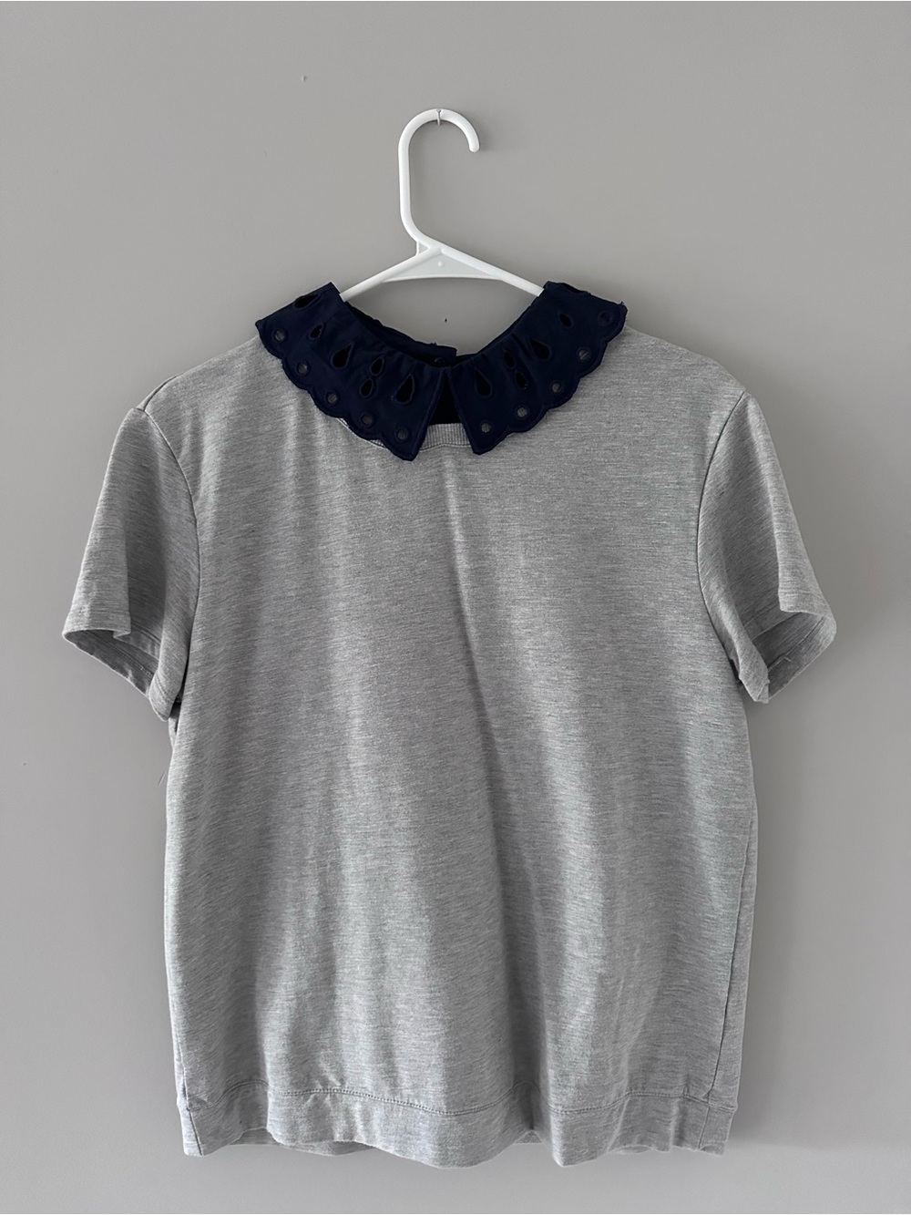 Gray Top with Navy Eyelet Peter Pan Detachable Collar